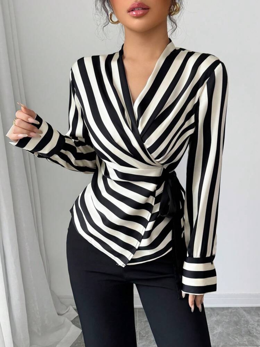 Black & White Striped Wrap Blouse